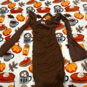 Oh Polly Brown Long-Sleeve Midi Dress